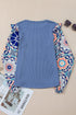 Floral Print Sleeve Waffle Knit Patchwork Round Neck Blouse