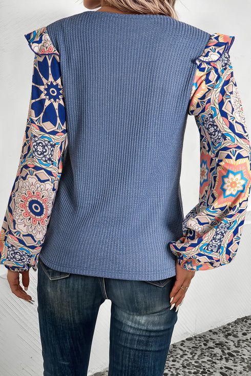 Floral Print Sleeve Waffle Knit Patchwork Round Neck Blouse