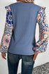 Floral Print Sleeve Waffle Knit Patchwork Round Neck Blouse