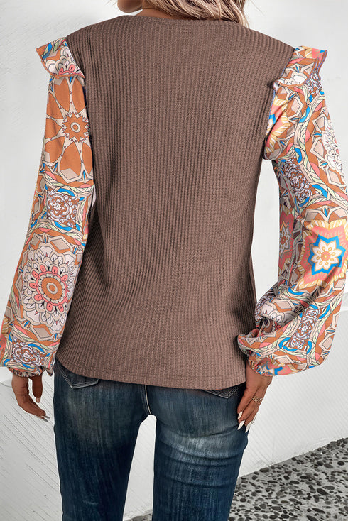 Floral Print Sleeve Waffle Knit Patchwork Round Neck Blouse