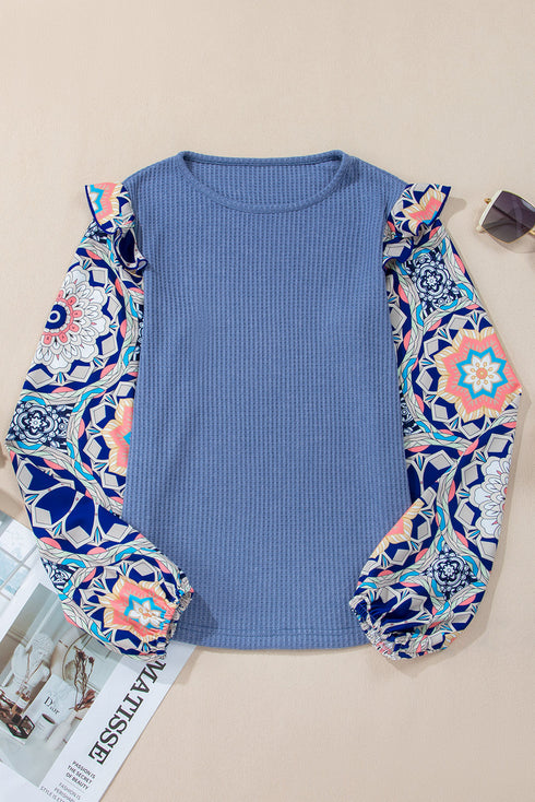 Floral Print Sleeve Waffle Knit Patchwork Round Neck Blouse