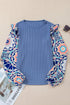 Floral Print Sleeve Waffle Knit Patchwork Round Neck Blouse