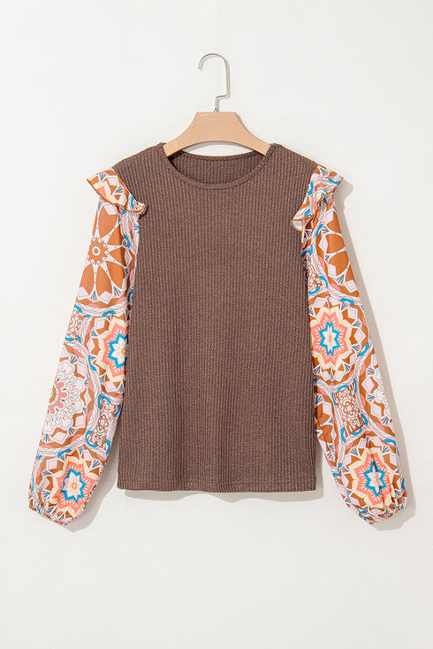 Floral Print Sleeve Waffle Knit Patchwork Round Neck Blouse