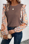 Floral Print Sleeve Waffle Knit Patchwork Round Neck Blouse