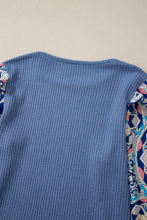 Floral Print Sleeve Waffle Knit Patchwork Round Neck Blouse