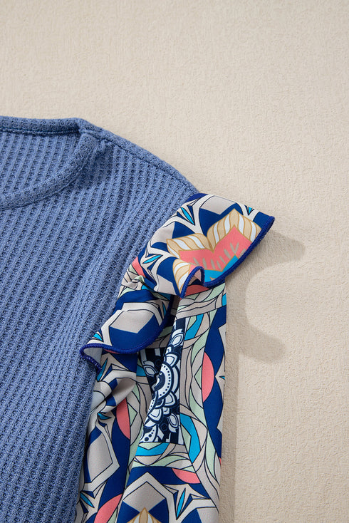 Floral Print Sleeve Waffle Knit Patchwork Round Neck Blouse