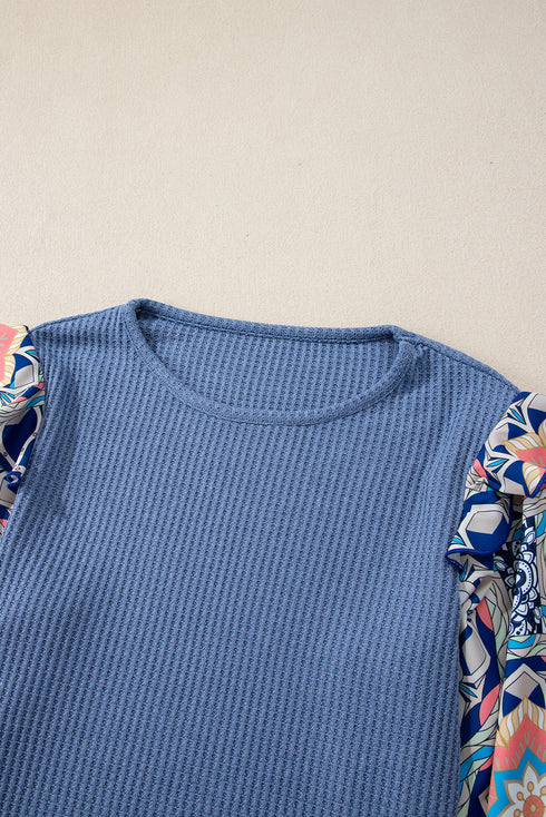 Floral Print Sleeve Waffle Knit Patchwork Round Neck Blouse