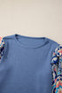 Floral Print Sleeve Waffle Knit Patchwork Round Neck Blouse