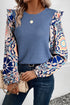 Floral Print Sleeve Waffle Knit Patchwork Round Neck Blouse