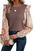 Floral Print Sleeve Waffle Knit Patchwork Round Neck Blouse