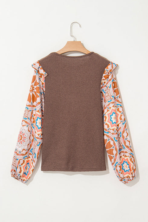 Floral Print Sleeve Waffle Knit Patchwork Round Neck Blouse