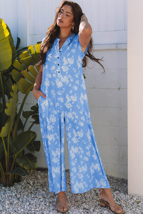Floral Print Sleeveless Half Button Wide Leg Jumpsuit