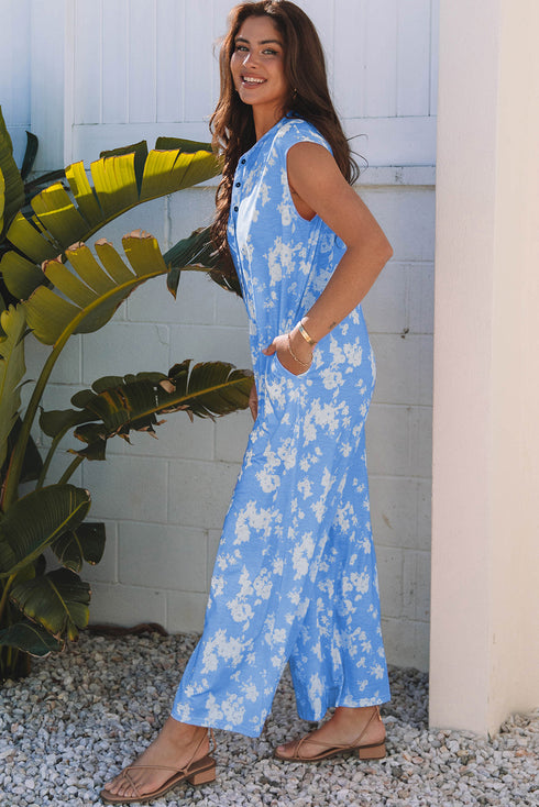 Floral Print Sleeveless Half Button Wide Leg Jumpsuit