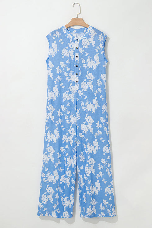 Floral Print Sleeveless Half Button Wide Leg Jumpsuit