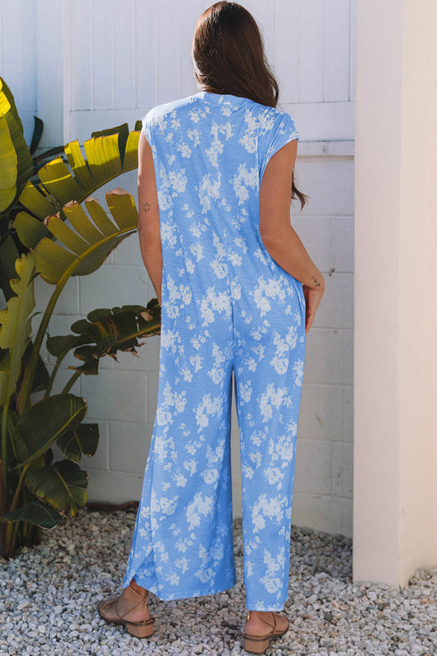 Floral Print Sleeveless Half Button Wide Leg Jumpsuit