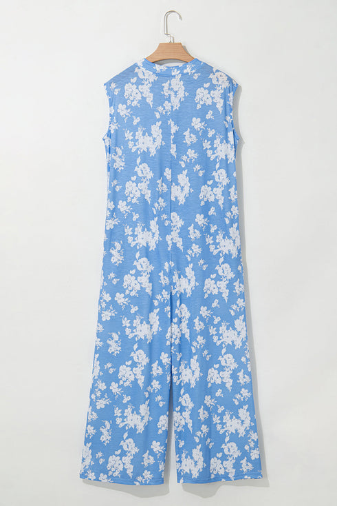 Floral Print Sleeveless Half Button Wide Leg Jumpsuit