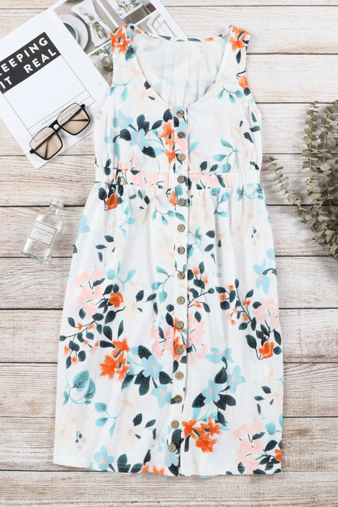 Floral Print Sleeveless High Waist Button Up Mini Dress