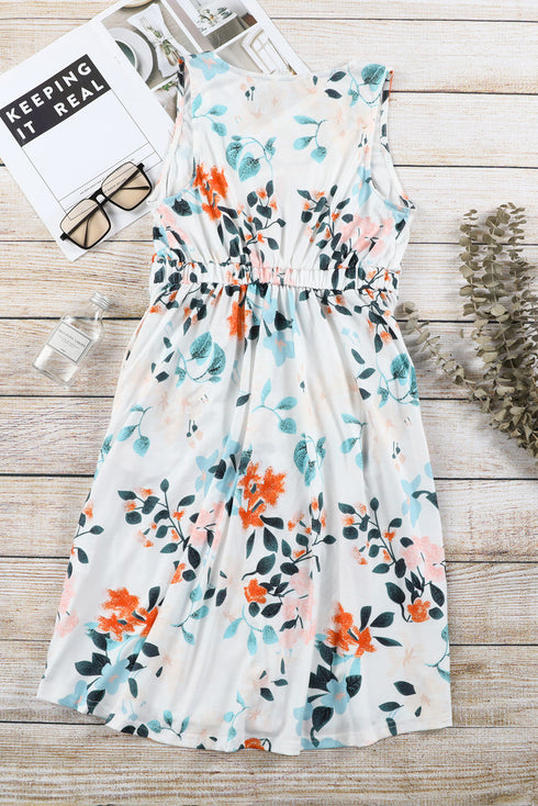 Floral Print Sleeveless High Waist Button Up Mini Dress
