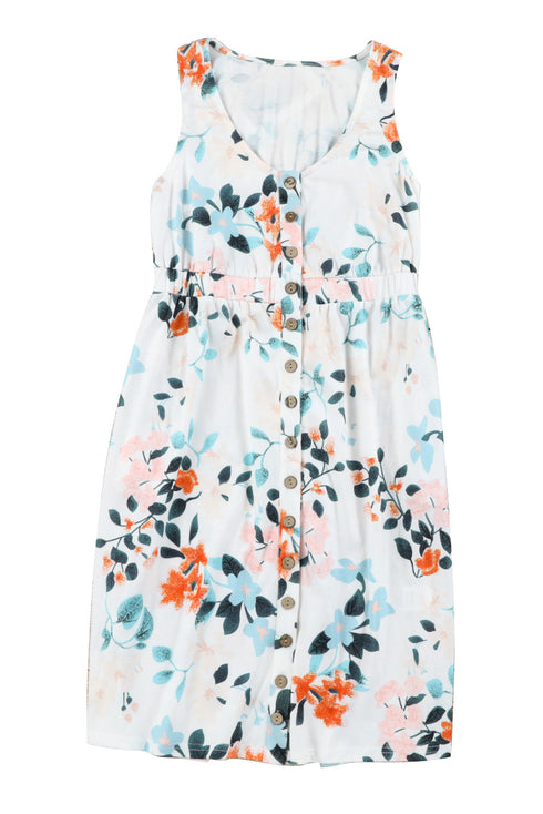 Floral Print Sleeveless High Waist Button Up Mini Dress