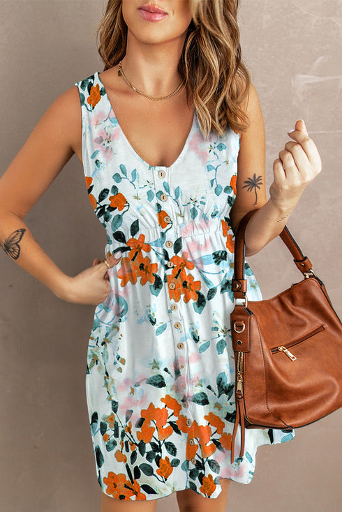 Floral Print Sleeveless High Waist Button Up Mini Dress