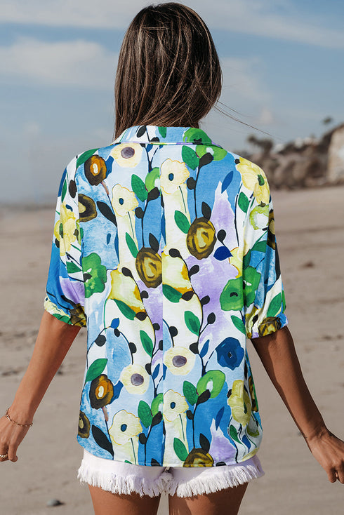 Floral Print Slit V Neck Short Sleeve Blouse