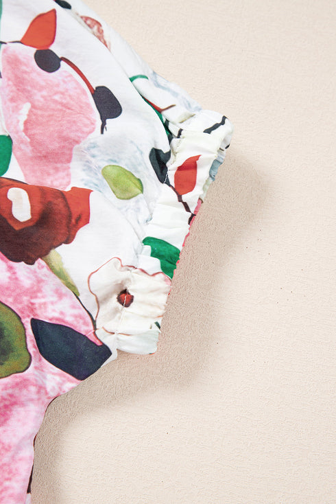 Floral Print Slit V Neck Short Sleeve Blouse