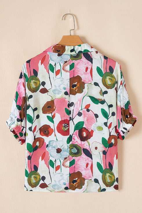 Floral Print Slit V Neck Short Sleeve Blouse