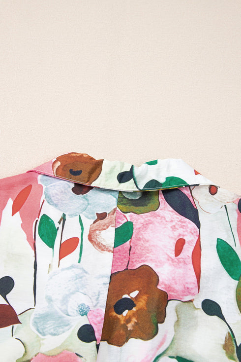 Floral Print Slit V Neck Short Sleeve Blouse