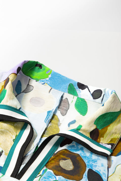 Floral Print Slit V Neck Short Sleeve Blouse