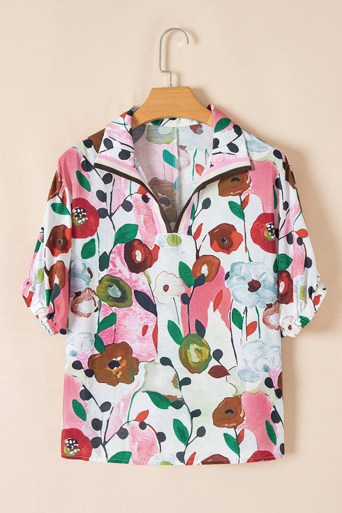 Floral Print Slit V Neck Short Sleeve Blouse