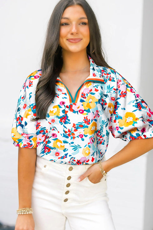 Floral Print Slit V Neck Short Sleeve Blouse