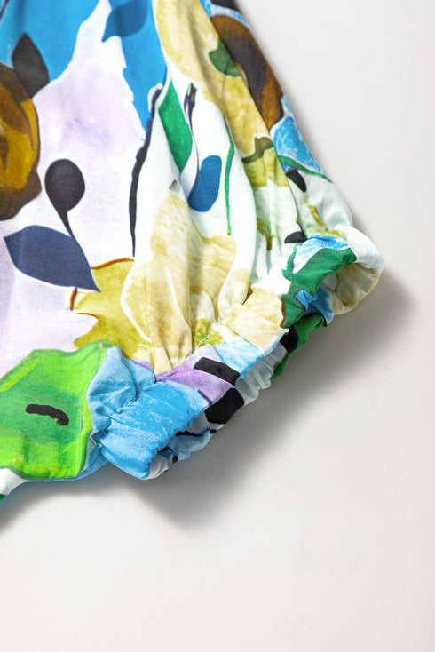 Floral Print Slit V Neck Short Sleeve Blouse