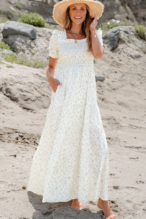 Floral Print Smocked Bodice Flutter Sleeve Maxi Dress