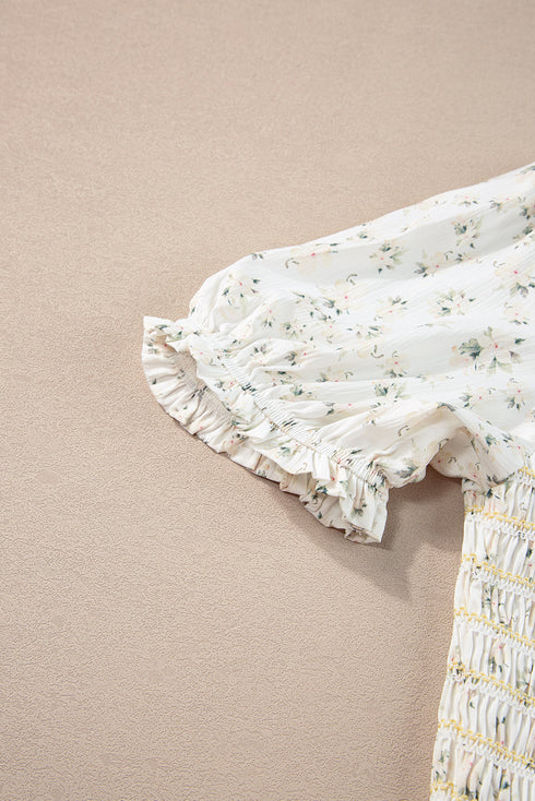Floral Print Smocked Bodice Flutter Sleeve Maxi Dress
