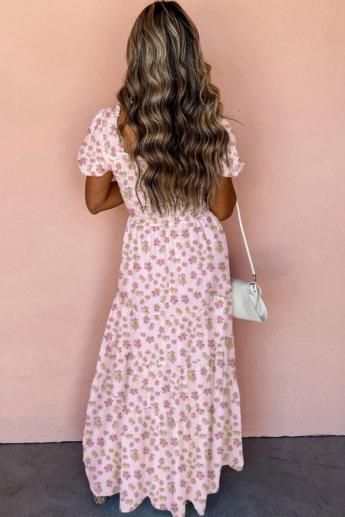 Floral Print Smocked Bodice Flutter Sleeve Maxi Dress