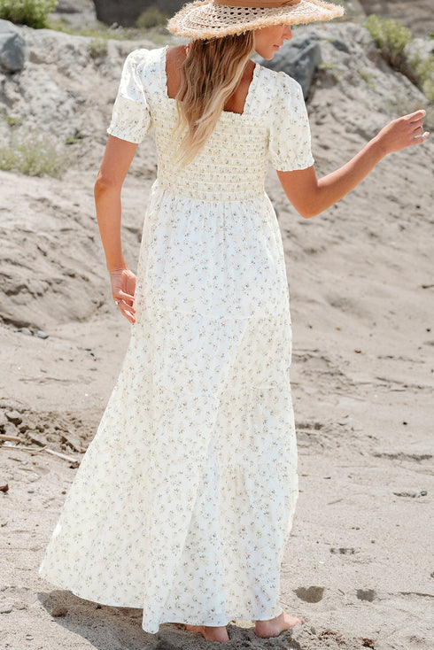 Floral Print Smocked Bodice Flutter Sleeve Maxi Dress