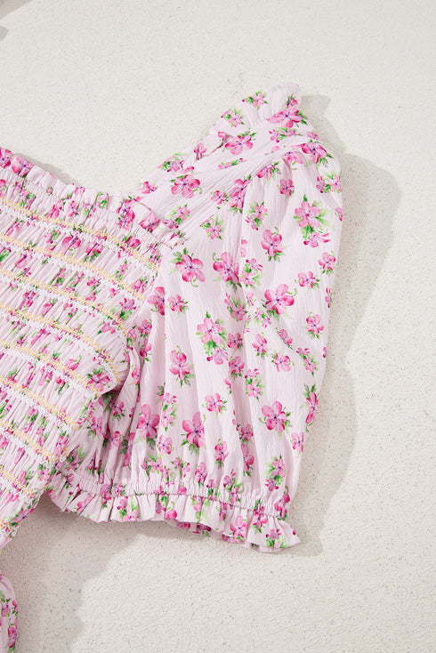 Floral Print Smocked Bodice Flutter Sleeve Maxi Dress