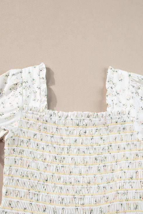 Floral Print Smocked Bodice Flutter Sleeve Maxi Dress