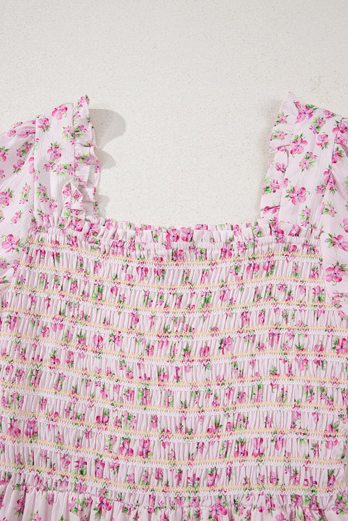 Floral Print Smocked Bodice Flutter Sleeve Maxi Dress