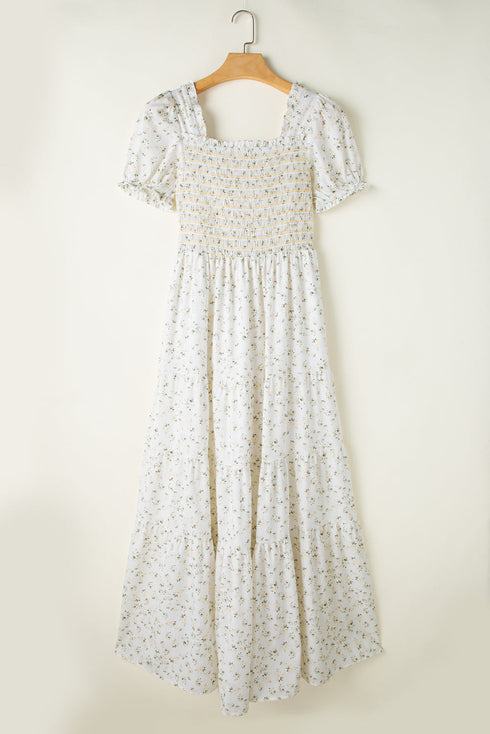 Floral Print Smocked Bodice Flutter Sleeve Maxi Dress