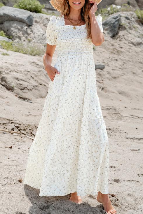 Floral Print Smocked Bodice Flutter Sleeve Maxi Dress