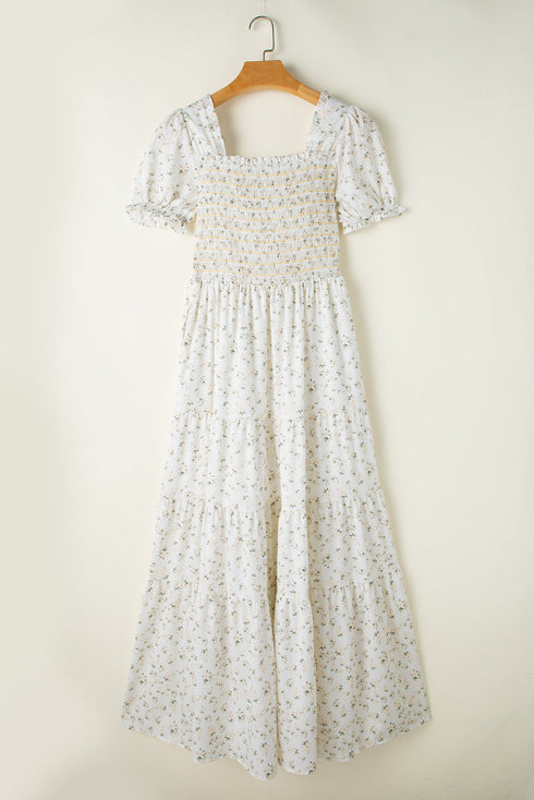 Floral Print Smocked Bodice Flutter Sleeve Maxi Dress