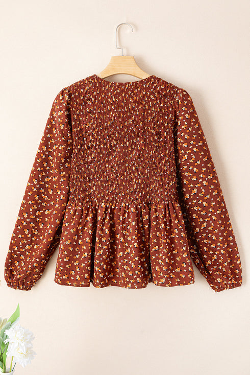 Floral Print Smocked Bodice Puff Sleeve Peplum Blouse