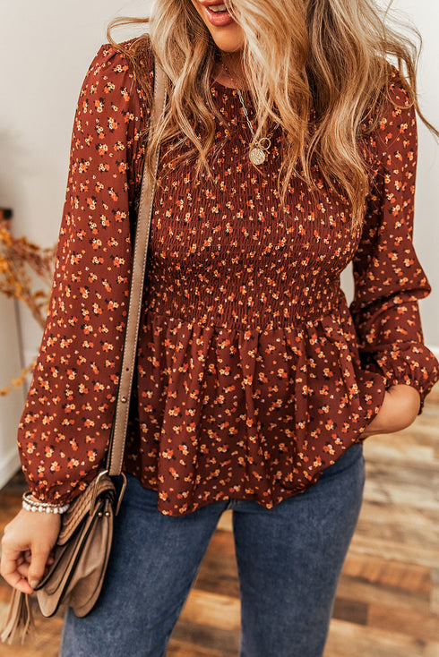 Floral Print Smocked Bodice Puff Sleeve Peplum Blouse