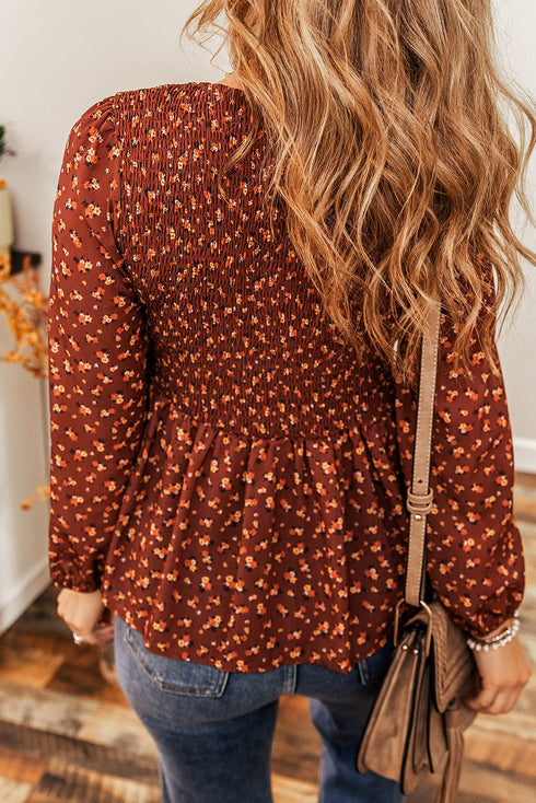 Floral Print Smocked Bodice Puff Sleeve Peplum Blouse