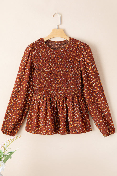 Floral Print Smocked Bodice Puff Sleeve Peplum Blouse
