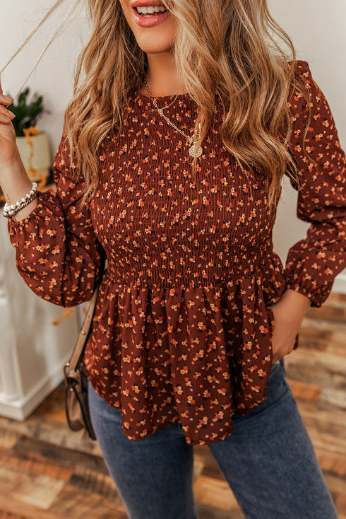 Floral Print Smocked Bodice Puff Sleeve Peplum Blouse