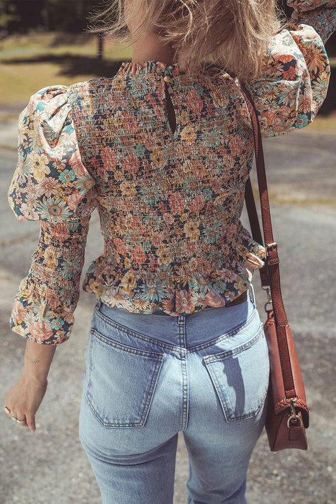 Floral Print Smocked Bubble Sleeve Ruffled Cotton Crop Top