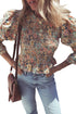 Floral Print Smocked Bubble Sleeve Ruffled Cotton Crop Top