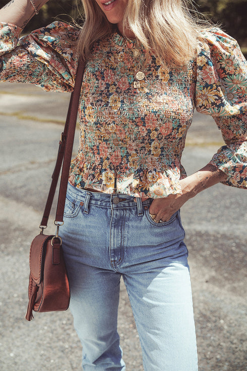 Floral Print Smocked Bubble Sleeve Ruffled Cotton Crop Top